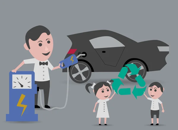 Mann tankt Elektroauto und Kinder halten Recycling-Symbol in der Hand Stockillustration