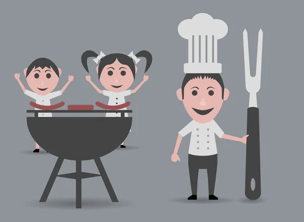 Szakács főzés a grill és a boldog gyerekek — Stock Vector