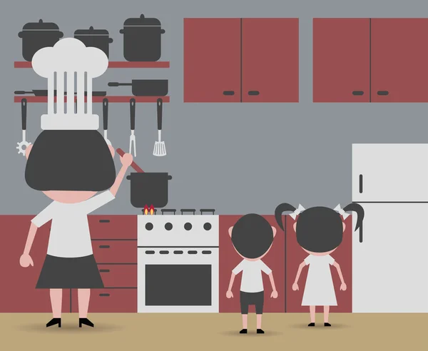 Donna cucina e bambini alla ricerca — Vettoriale Stock
