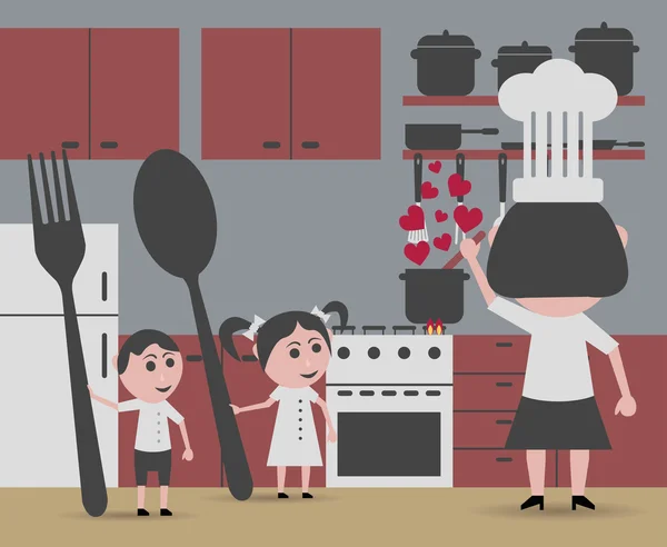 Frau kocht und Kinder betteln um Essen — Stockvektor