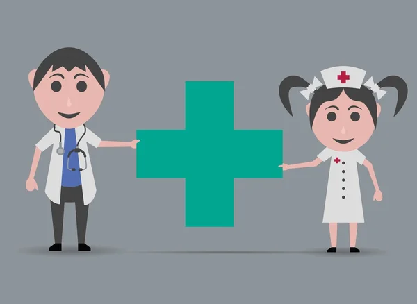 Médecin et infirmière poupées enfant fille avec croix verte — Image vectorielle