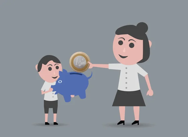 Muñeca madre dando dinero a chico — Vector de stock