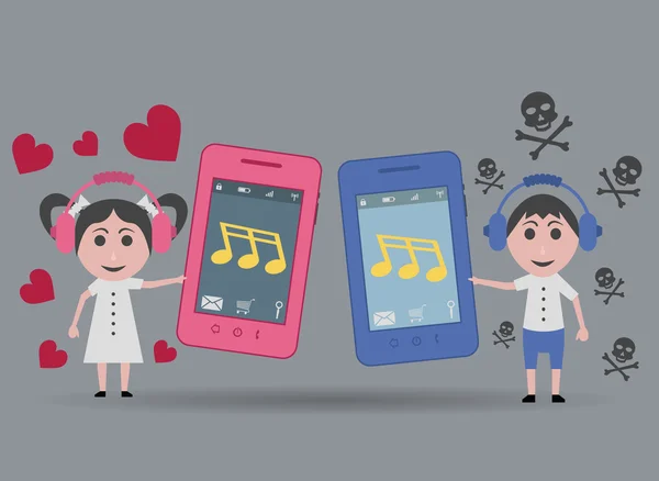 Enfants écoutant de la musique par téléphone mobile — Image vectorielle