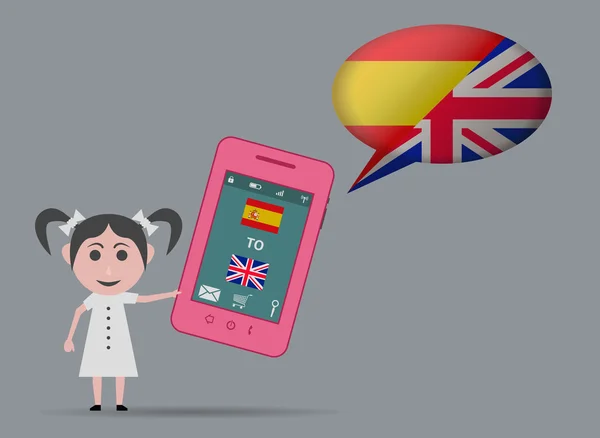 Chica con traductor de idioma smartphone — Vector de stock