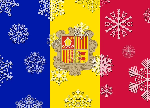 Drapeau andorra avec flocons de neige — Image vectorielle