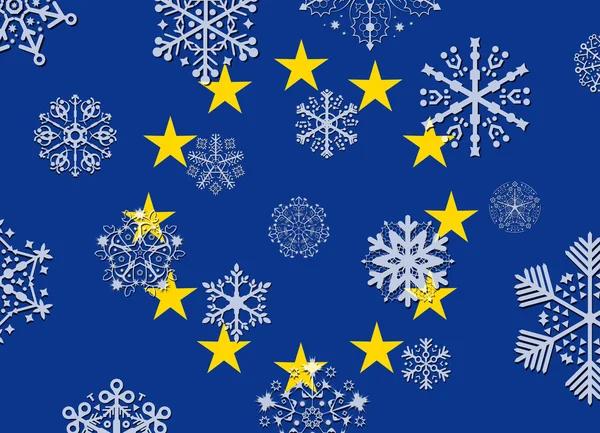 De vlag van de Europese Unie met sneeuwvlokken — Stockvector