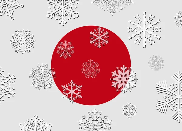 Bandera de Japón con copos de nieve — Vector de stock