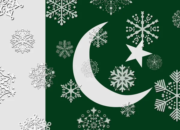 Bandera de Pakistán con copos de nieve — Vector de stock
