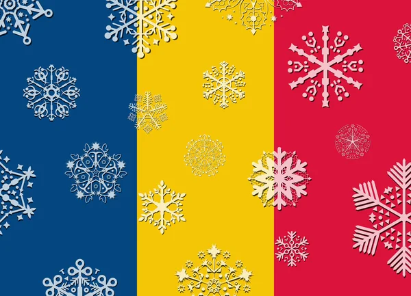 Bandeira romania com flocos de neve — Vetor de Stock