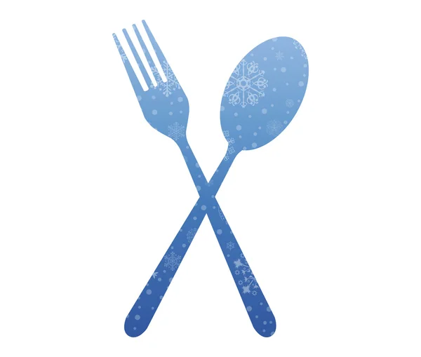 Cuillère et fourchette icône de Noël avec neige — Image vectorielle