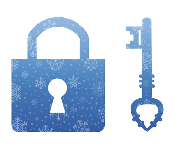 Κλειδαριά και το κλειδί εικονίδιο Χριστούγεννα με χιόνι — Διανυσματικό Αρχείο
