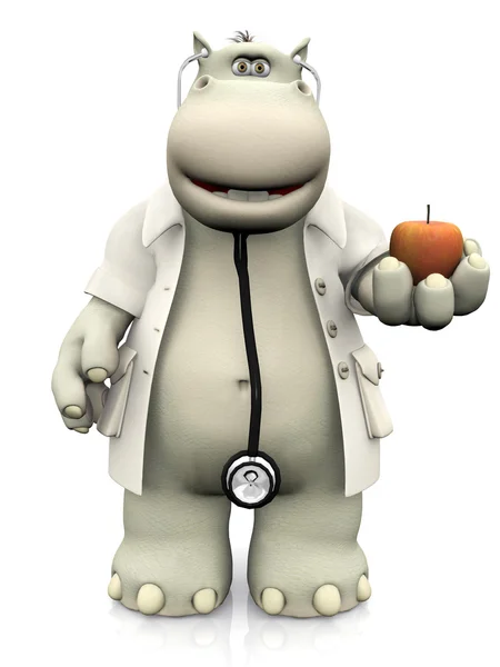 Médico hipopótamo de dibujos animados sosteniendo una manzana . —  Fotos de Stock