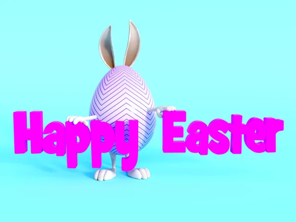 Cute Easter bunny egg standing behind Happy Easter sign. — Stock Photo, Image