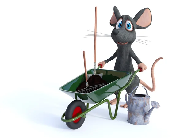 Souris dessin animé souriant prêt pour le jardinage . — Photo