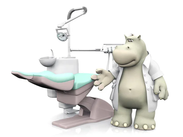 Representación 3D de un dentista hipopótamo caricatura sonriente mostrando c dental —  Fotos de Stock