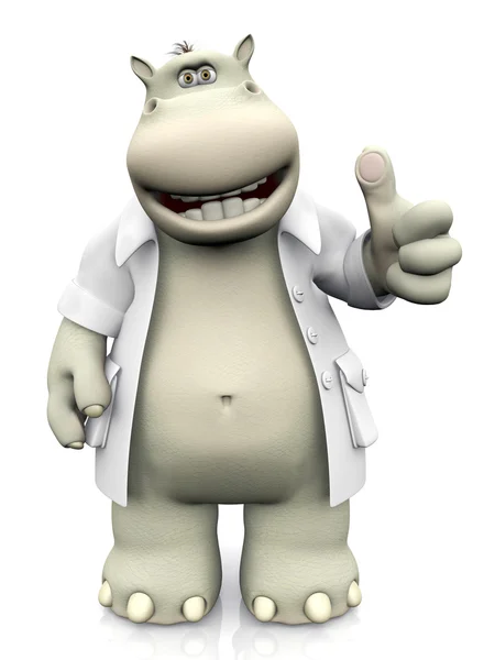 3D-weergave van een cartoon hippo tandarts doet een thumbs up. — Stockfoto