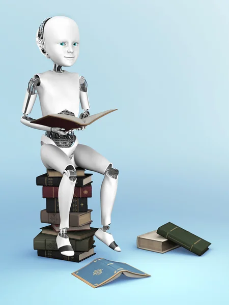 3D-Darstellung eines Roboterkindes, das auf einem Stapel Bücher sitzt. — Stockfoto