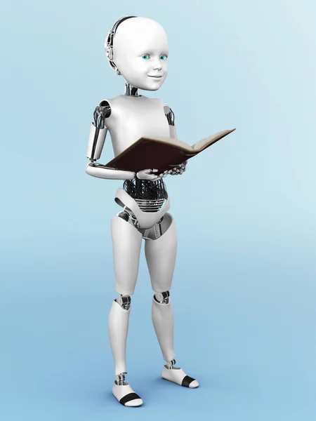 3D rendering of a robot child reading a book. — Stock Photo, Image