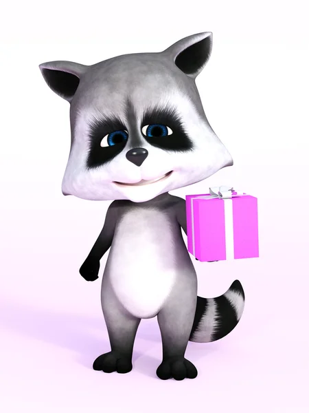 3D rendering of a cute cartoon raccoon holding gift. — Stock Photo, Image