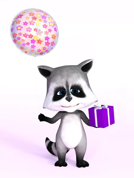 3D rendering of a cute cartoon raccoon holding gift and balloon. — Stock Photo, Image