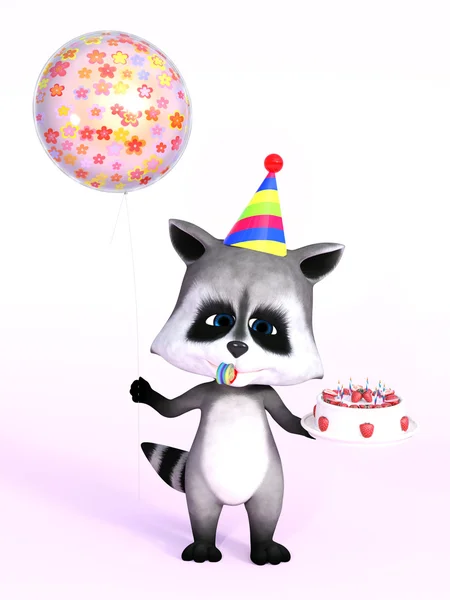 3D rendering of a cute cartoon raccoon holding cake and balloon. — Stock Photo, Image