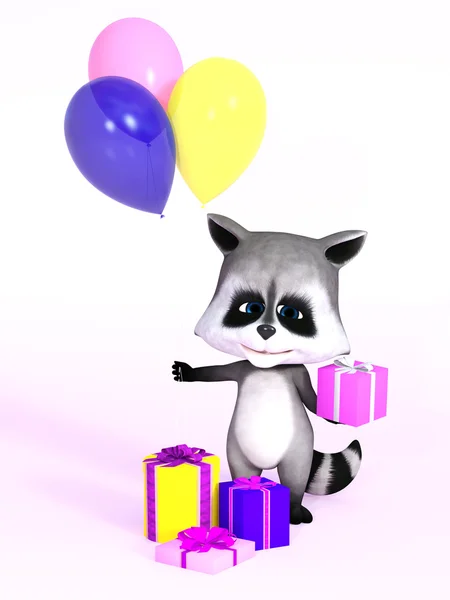 3D rendering of a cute cartoon raccoon holding gift and balloons — Stock Photo, Image