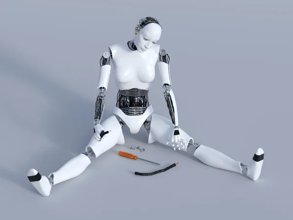 3D-weergave van een gebroken vrouwelijke robot. — Stockfoto