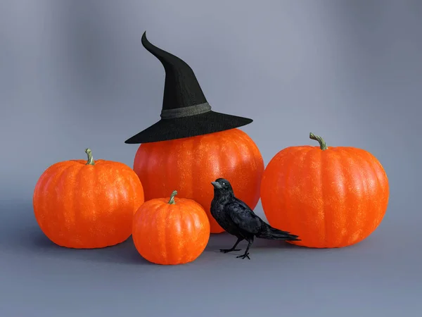 Ztvárnění Čtyř Halloween Podzimních Dýní Čarodějnickým Kloboukem Černým Havranem — Stock fotografie