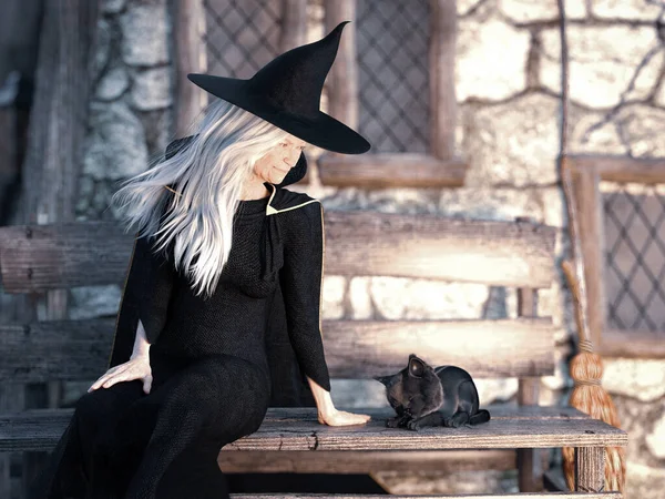 Ztvárnění Staré Přátelsky Vypadající Čarodějky Sedící Lavičce Před Jejím Domem — Stock fotografie