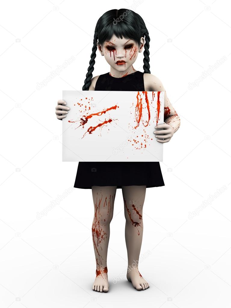 A gothic blood covered small girl holding sign.