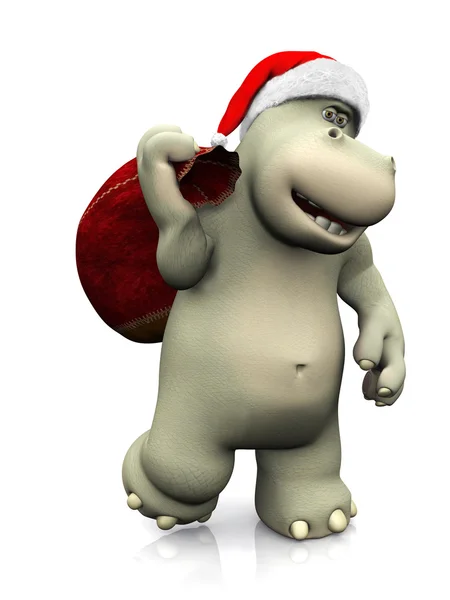 Dessin animé hippopotame portant un sac Père Noël . — Photo