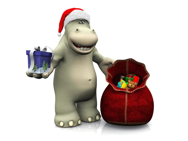 Cartoon hippo handing out Christmas gifts. — Stock Photo, Image