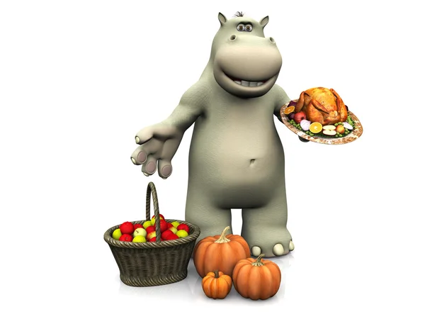 Tecknad flodhäst firar Thanksgiving. — Stockfoto