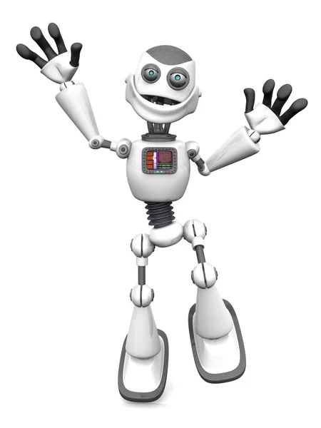 Weißer lächelnder Cartoon-Roboter springt vor Freude. — Stockfoto