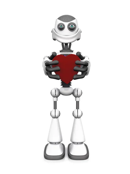 Robô de desenho animado sorridente branco segurando coração . — Fotografia de Stock