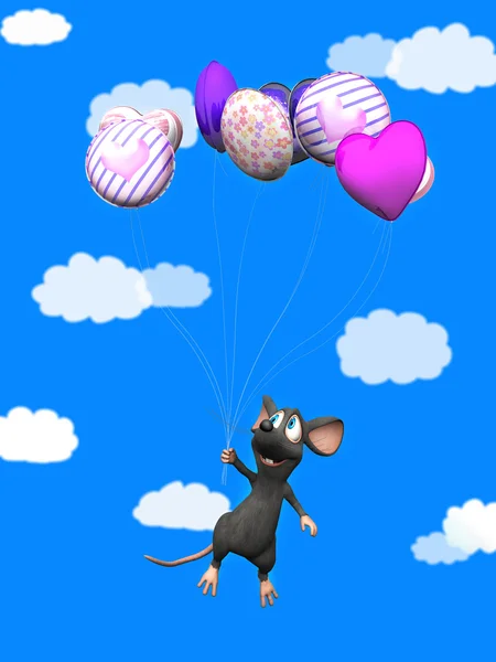 Souris dessin animé souriante volant avec des ballons . — Photo