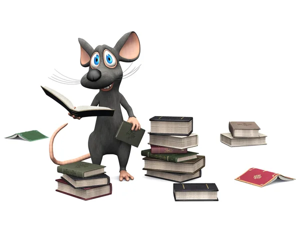 Uśmiechnięty kreskówka mysz trzymając książkę. — Zdjęcie stockowe