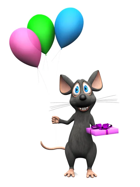 Sonriente ratón de dibujos animados celebración de globos y un regalo . — Foto de Stock