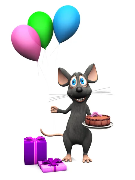 Sonriente ratón de dibujos animados celebración de globos y un pastel . —  Fotos de Stock