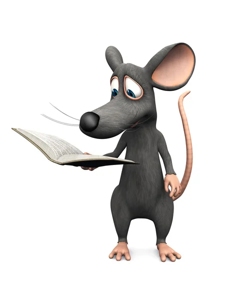 Smiling cartoon mouse reading a book. — Stock Photo, Image