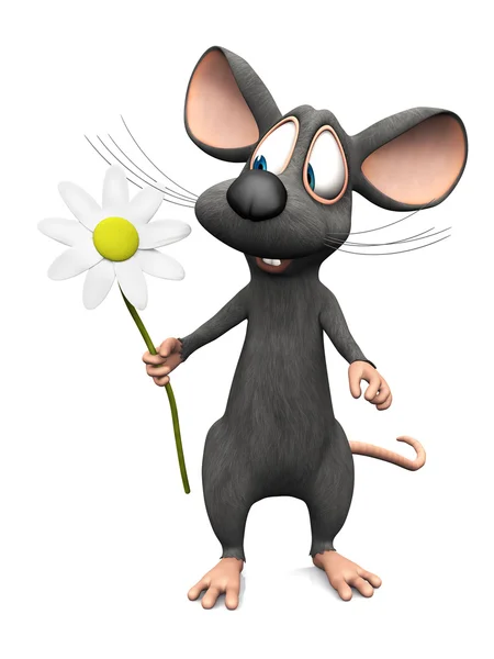 Улыбающаяся мультяшная мышь держит большой цветок . — стоковое фото