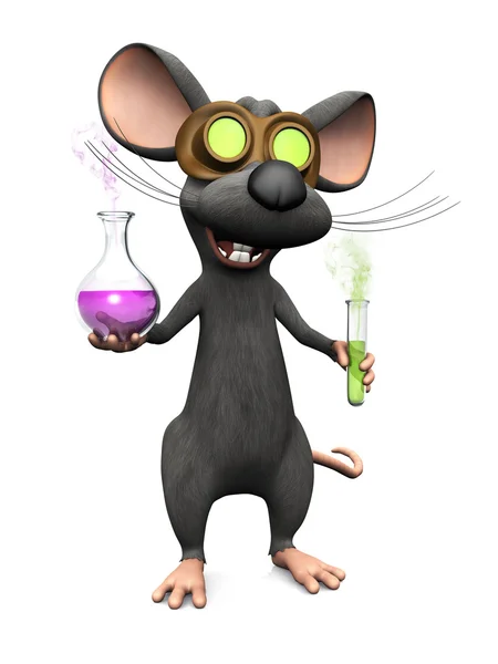 Ratón de dibujos animados loco haciendo un experimento científico . — Foto de Stock