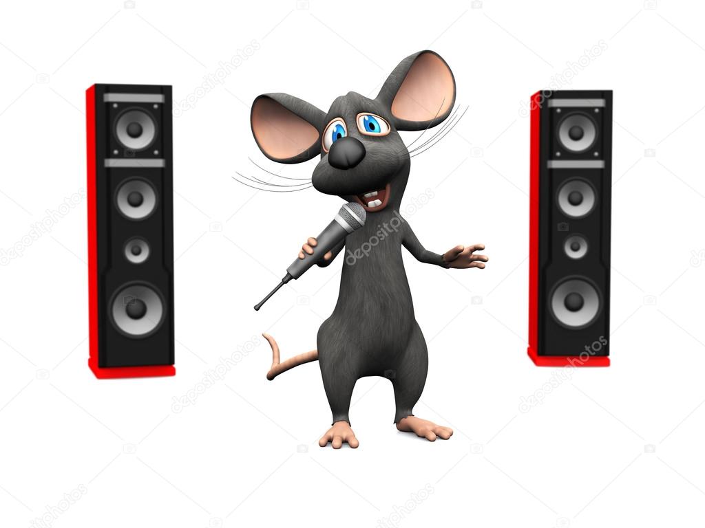 Cartoon mouse singing with microphone and big speakers.