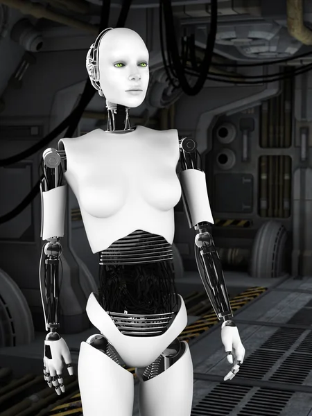 Robot woman in sci fi corridor. — Stock Photo, Image