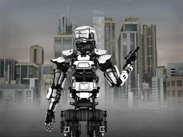 Futuristic robot soldier with city background. — Stock Photo, Image