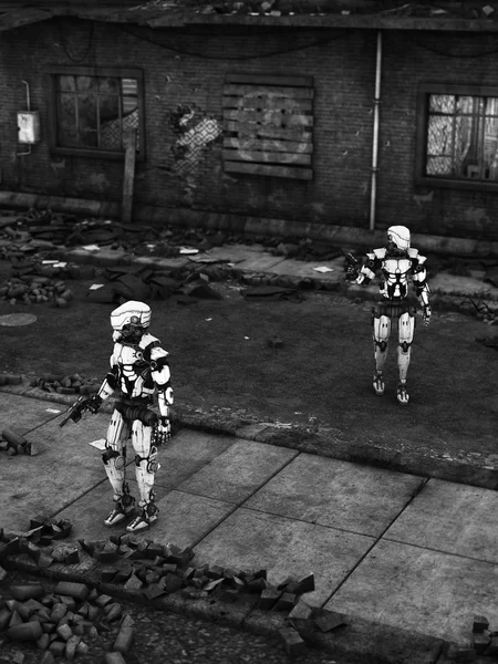 Robots soldats futuristes dans une ville en ruine . — Photo