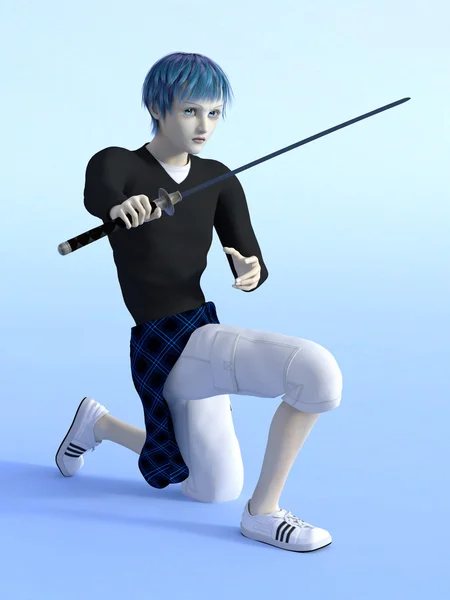 Manga boy kneeling with sword. — Stock Photo, Image