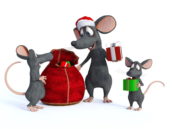 Rato dos desenhos animados Santa entregando presentes para crianças . — Fotografia de Stock