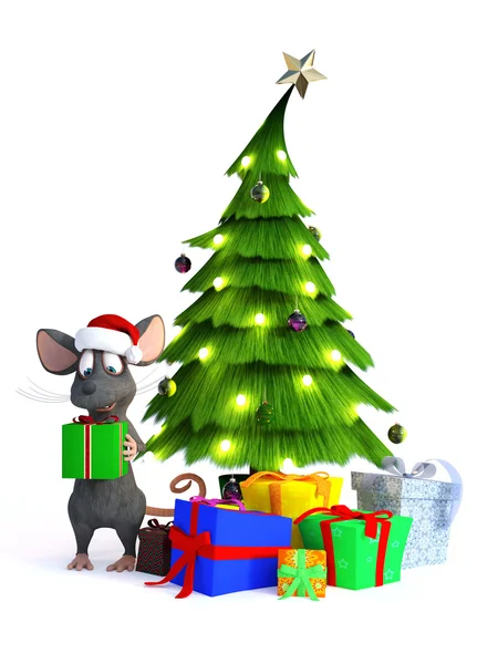 Ratón de dibujos animados con regalos de Navidad . — Foto de Stock