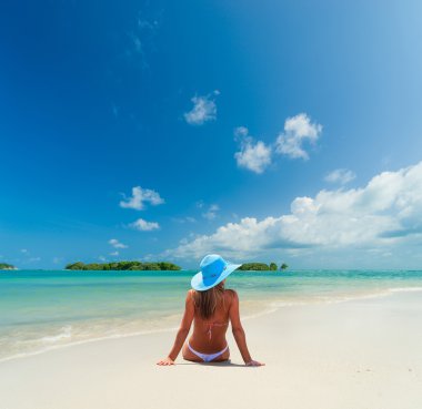 Tropik plajda bikinili bir kadın.